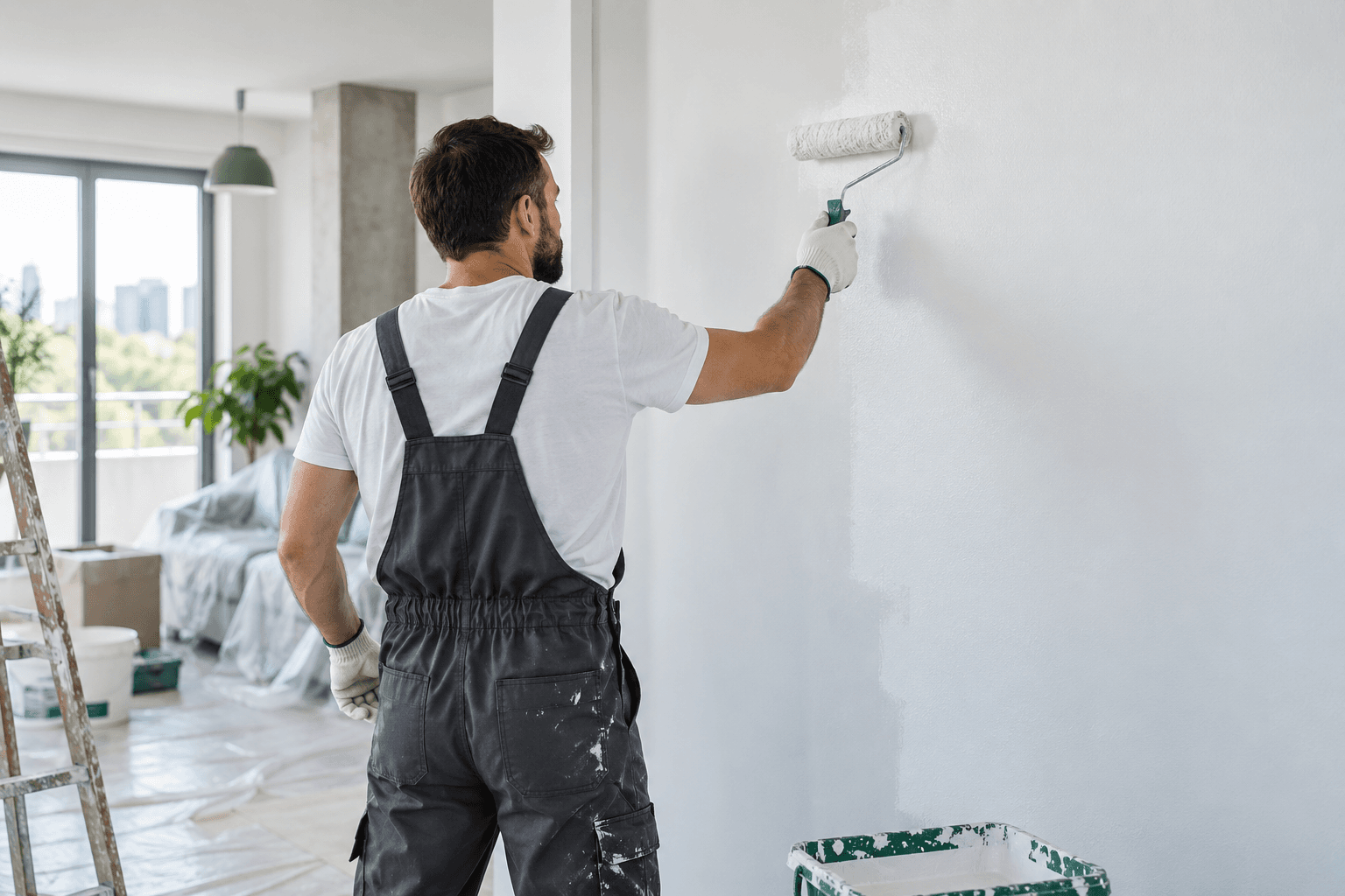 Zugrav care lucrează într-un apartament luminos